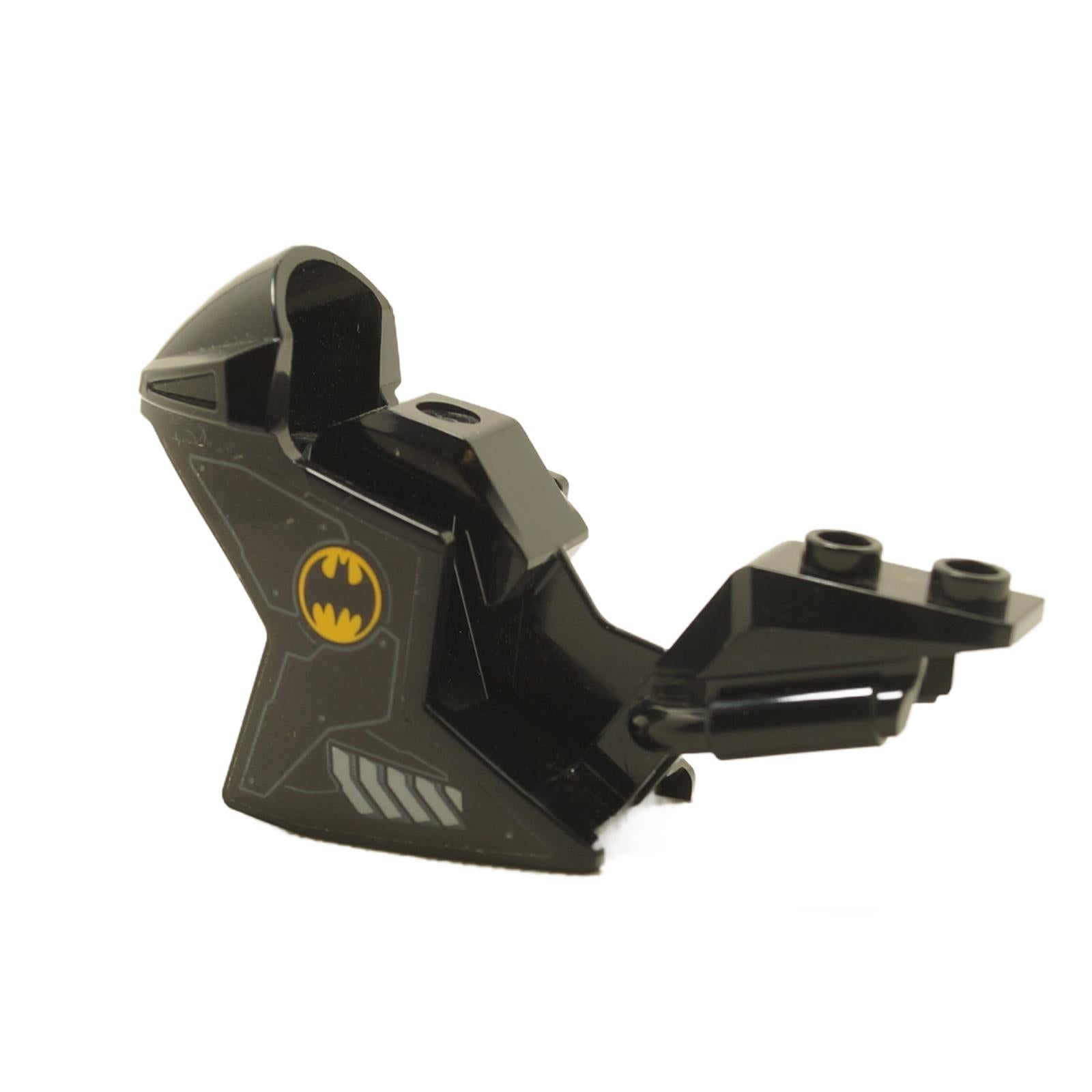 Black LEGO motorcycle fairing with yellow Batman logo, side view