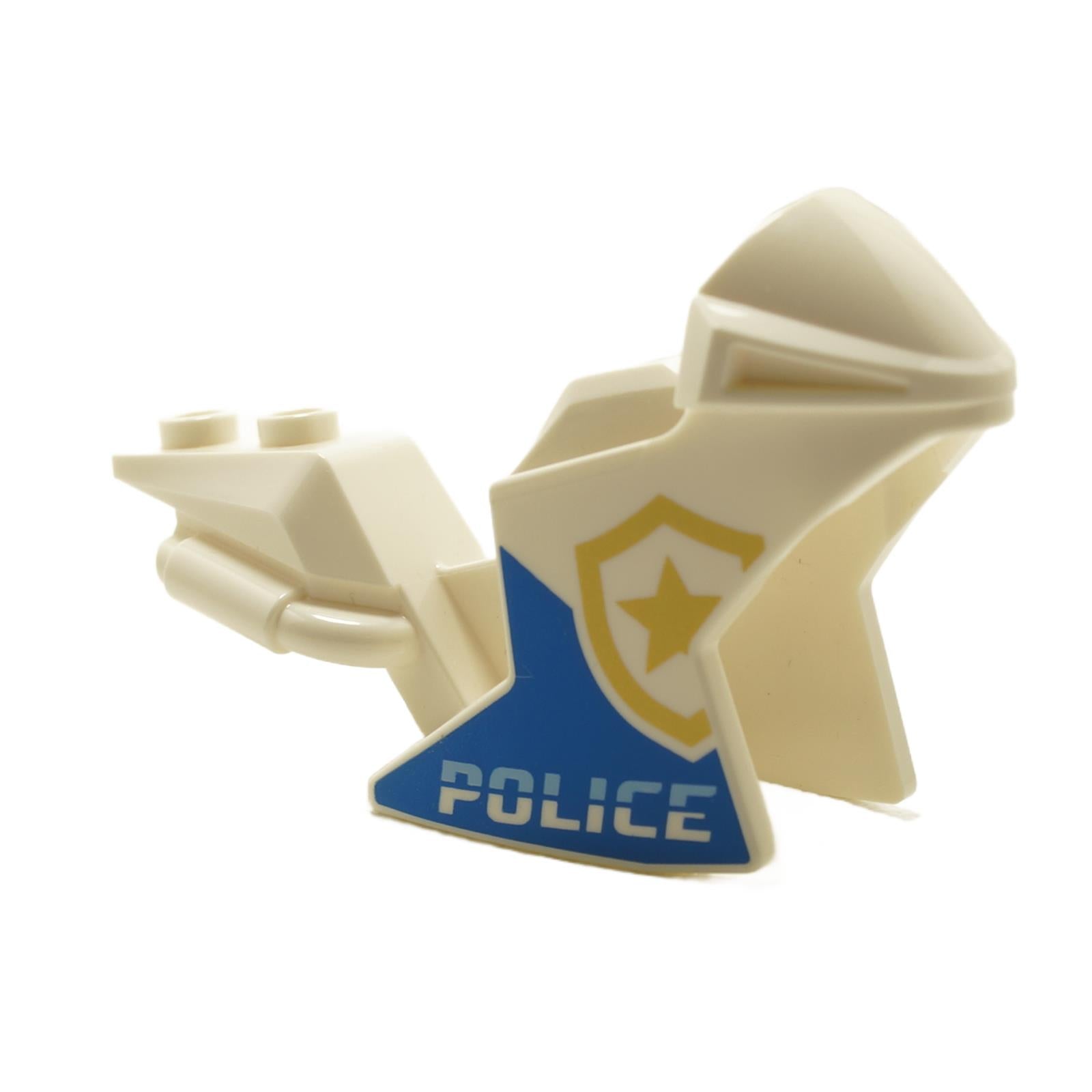 White LEGO® motorcycle fairing with gold shield and POLICE print (Part 18895pb14) motorbike front panel piece