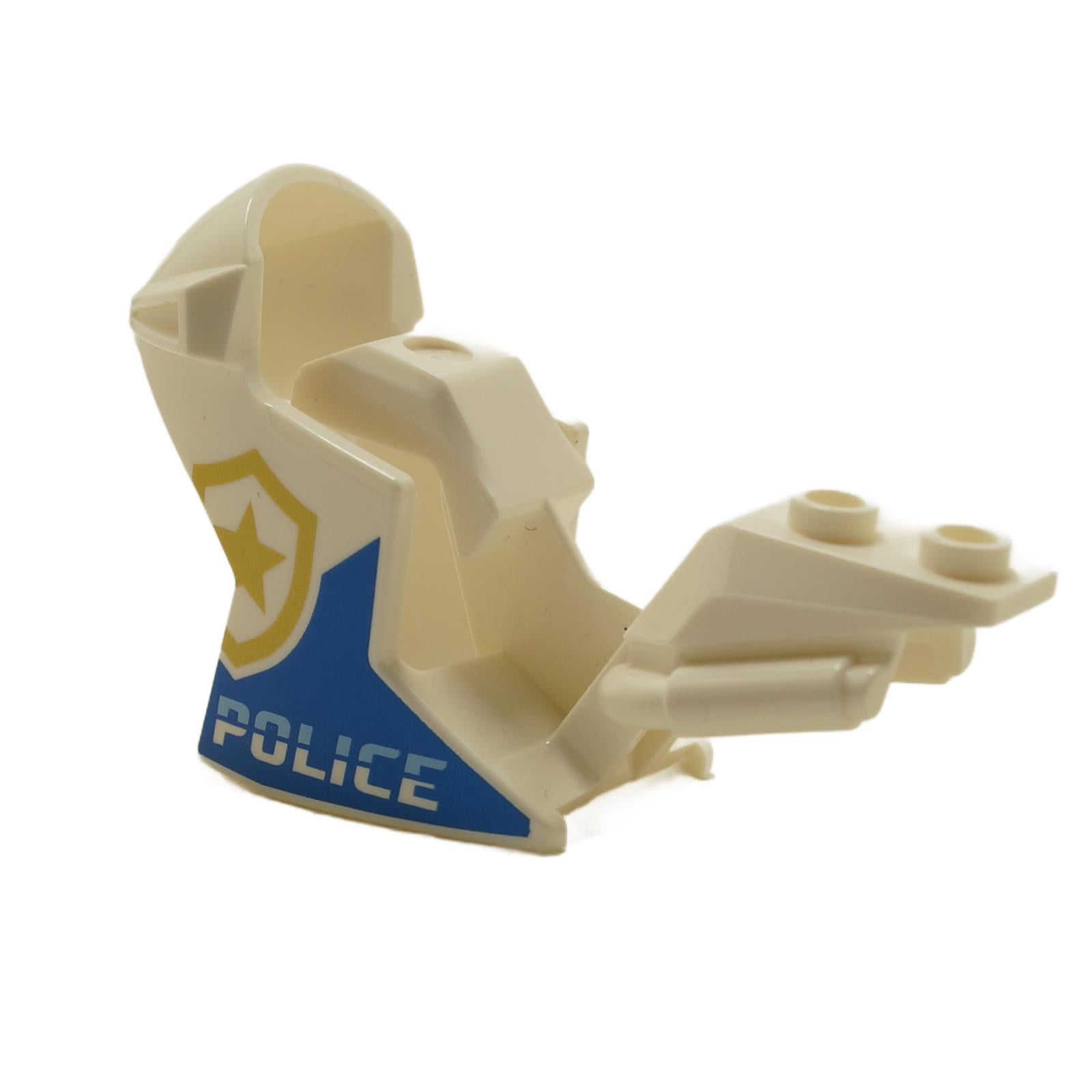 A white motorcycle fairing with a gold shield and 'POLICE' pattern on both sides, featuring blue and gold accents.