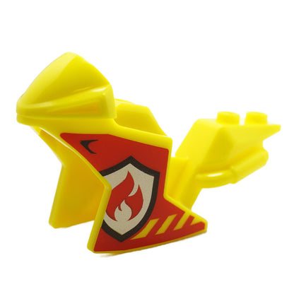 Neon yellow LEGO® racing motorcycle fairing with red and silver fire logo pattern on both sides sport bike front panel piece