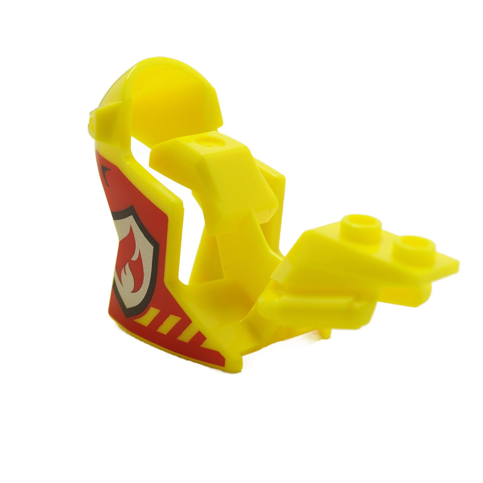 Neon yellow motorcycle fairing with a red and silver fire logo pattern on both sides, designed for LEGO motorcycles.