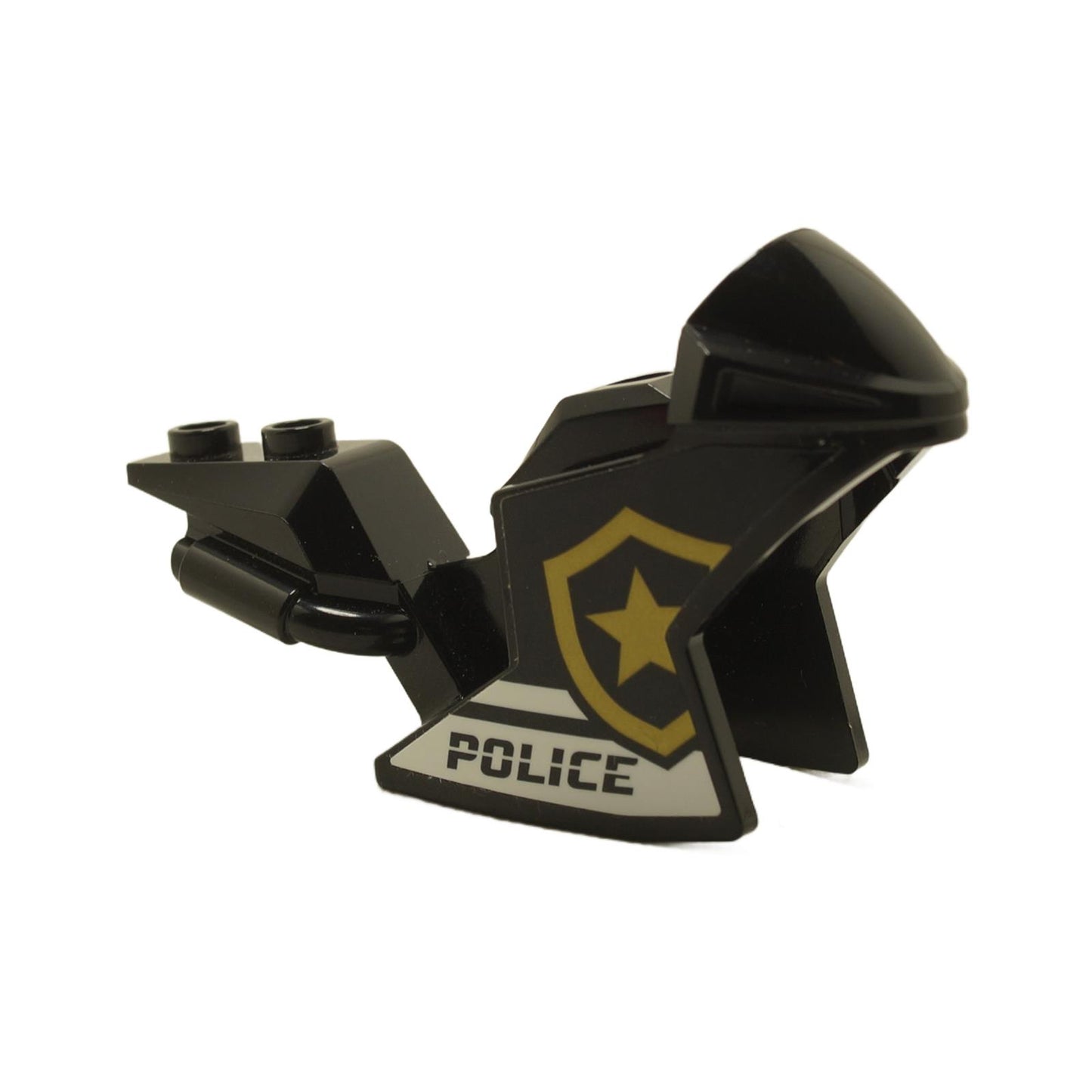 Black motorcycle fairing with a 'POLICE' badge logo featuring gold accents on a white background.
