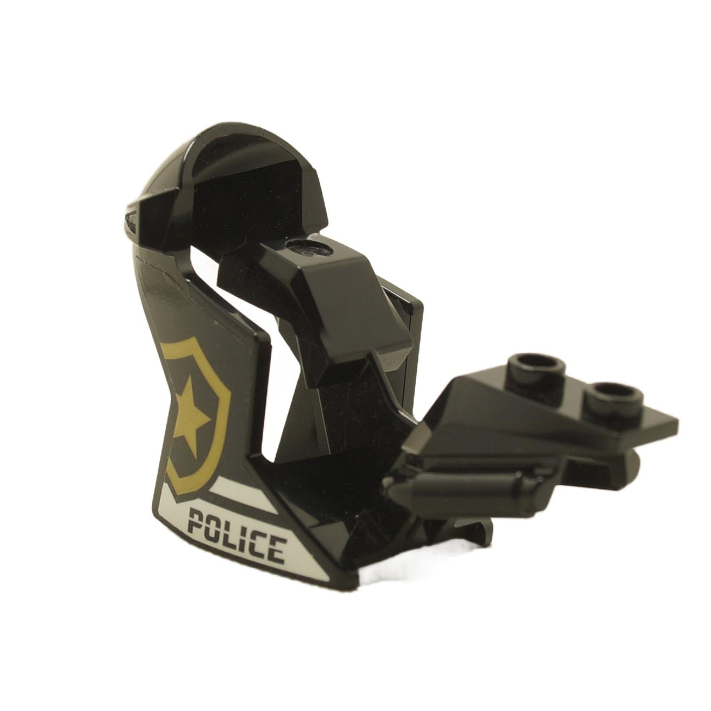 Black LEGO® racing motorcycle fairing with POLICE badge print sport bike front panel piece