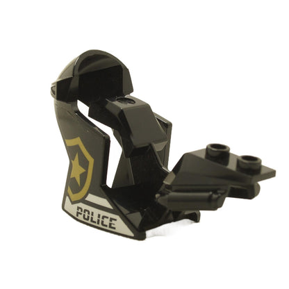 Black LEGO® racing motorcycle fairing with POLICE badge print sport bike front panel piece