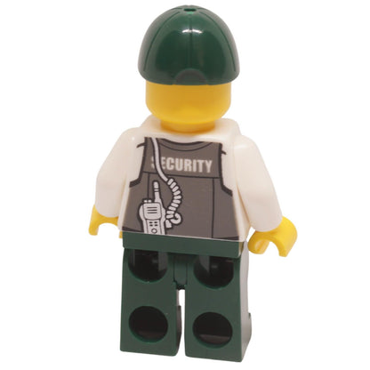 LEGO City Mountain Police Armored Truck Driver minifigure cty0836 in a dark gray tactical vest with an ID badge and a dark green cap,back view.