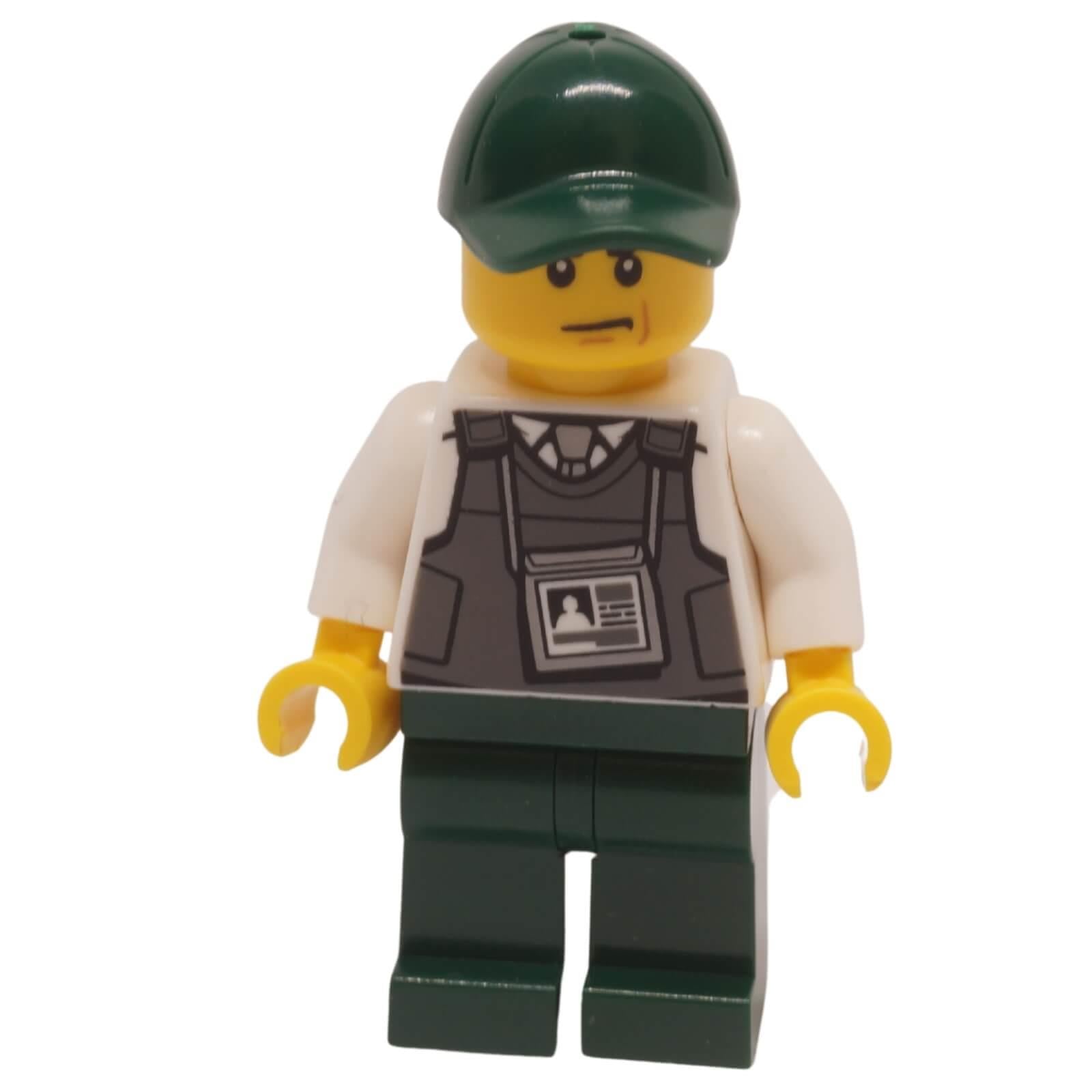 LEGO City Mountain Police Armored Truck Driver minifigure cty0836 in a dark gray tactical vest with an ID badge and a dark green cap.