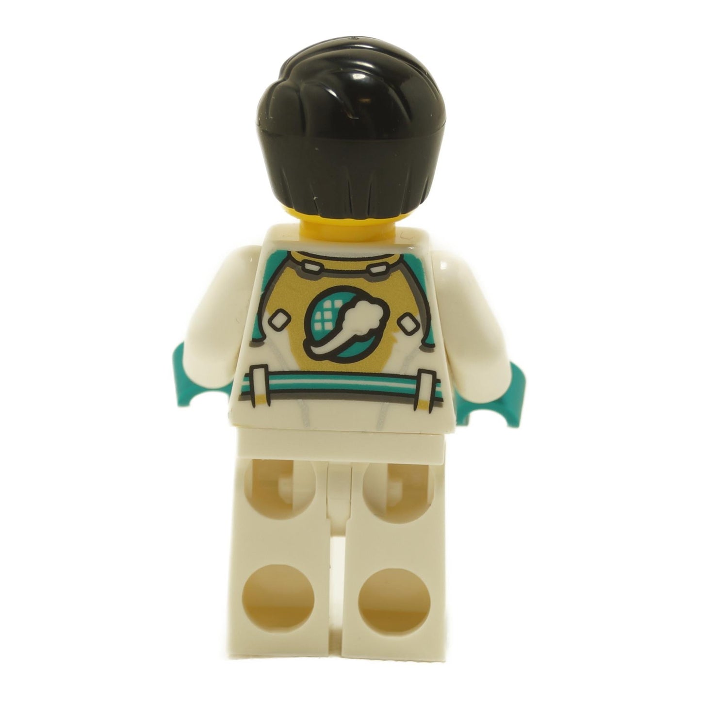 Back view of LEGO® Mr. Tang minifigure mk086 showing white space suit torso with teal technical details and black hair
