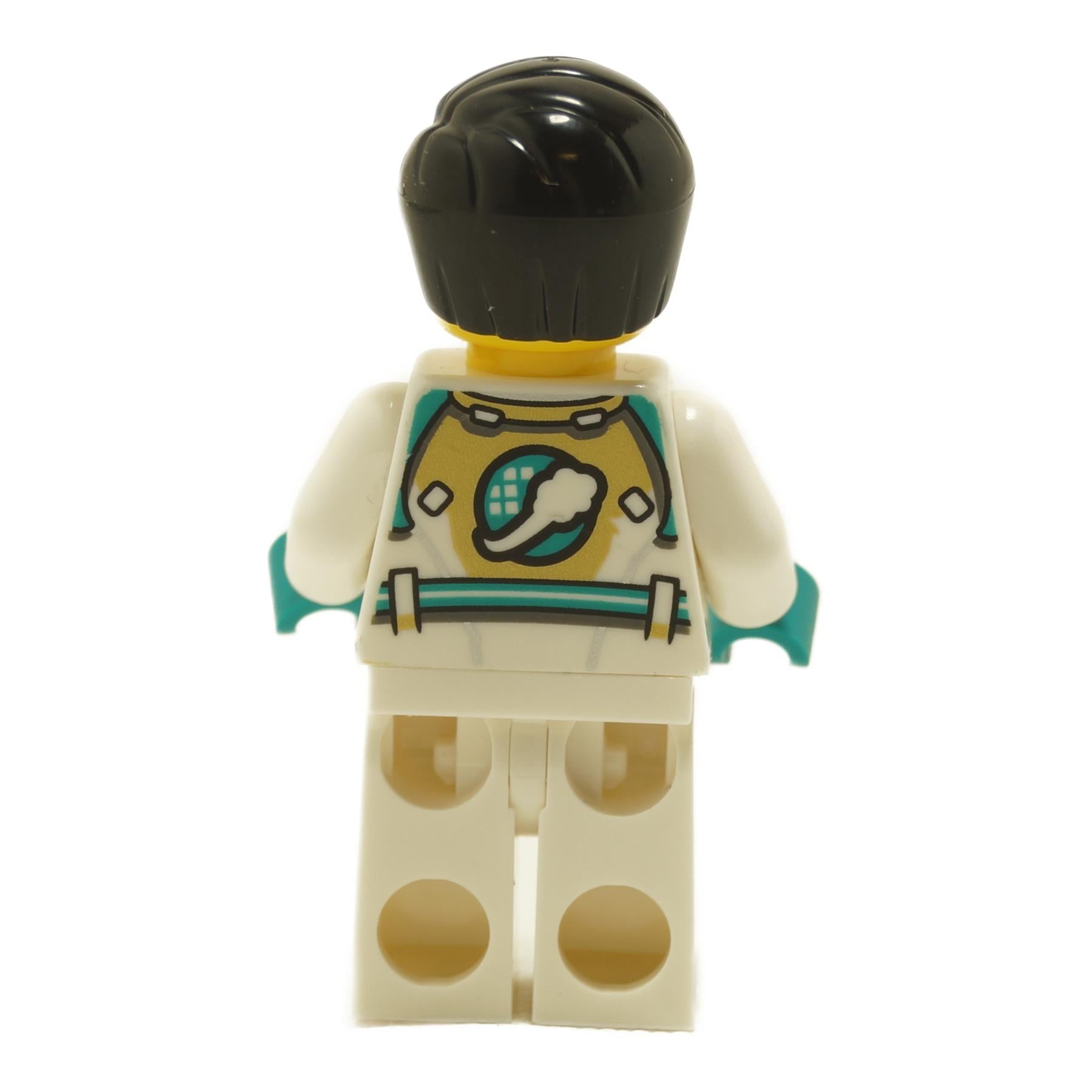 Back view of LEGO® Mr. Tang minifigure mk086 showing white space suit torso with teal technical details and black hair
