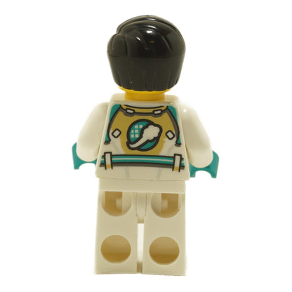 Back view of LEGO® Mr. Tang minifigure mk086 showing white space suit torso with teal technical details and black hair
