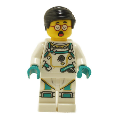 LEGO® Mr. Tang minifigure mk086 wearing white space suit with teal details, glasses, black hair, and surprised open-mouth expression
