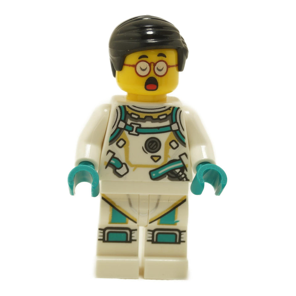 LEGO® Mr. Tang minifigure mk086 wearing white space suit with teal details, glasses, black hair, and surprised open-mouth expression
