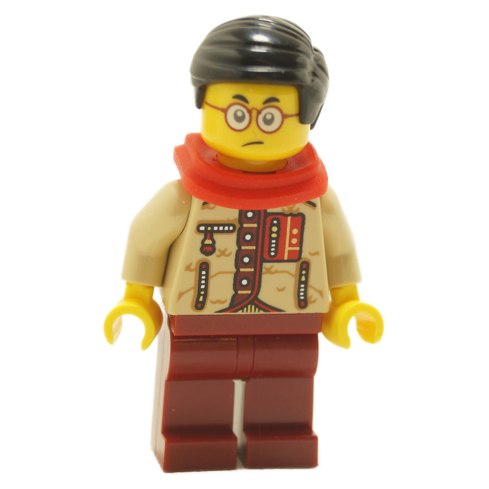 LEGO minifigure of Mr. Tang wearing a tan jacket, red scarf, round glasses, and black hairpiece