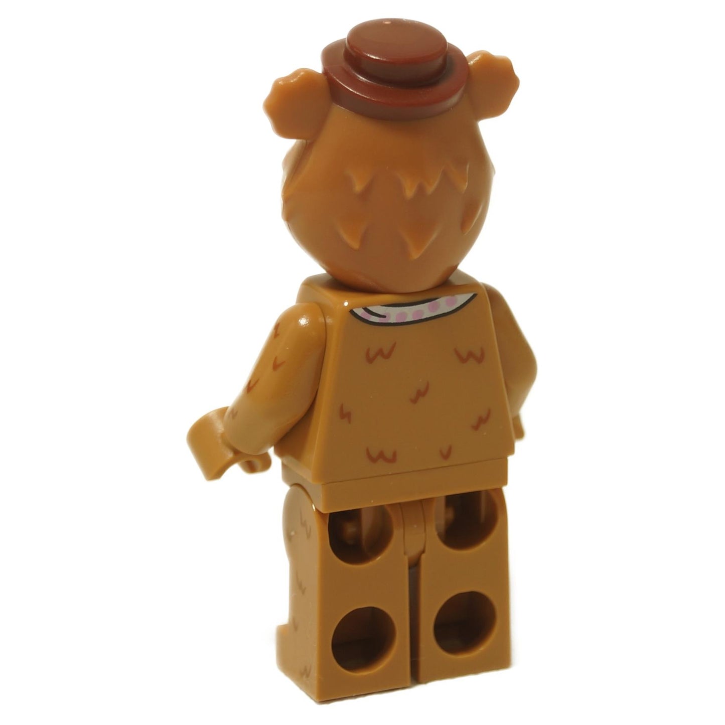 Back view Fozzie Bear Muppets minifigure with brown fur, small hat and spotted torso
