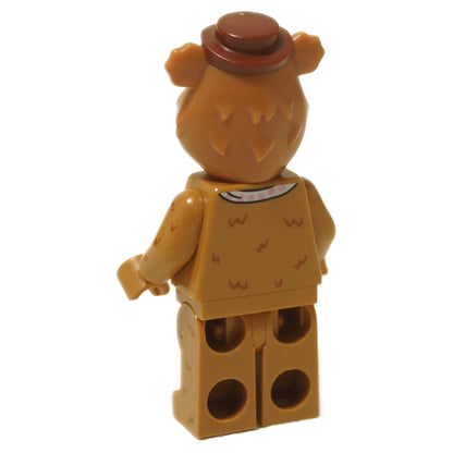 Back view Fozzie Bear Muppets minifigure with brown fur, small hat and spotted torso
