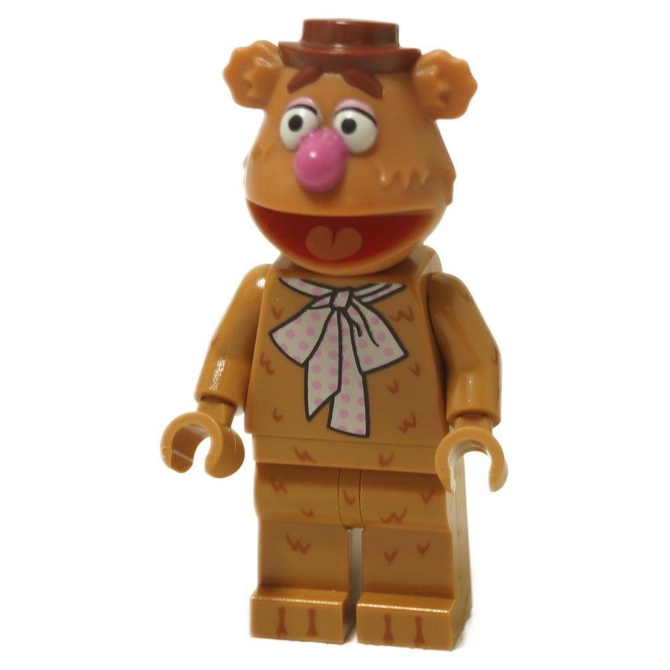LEGO minifigure of Fozzie Bear from The Muppets with a brown hat and pink bow tie.