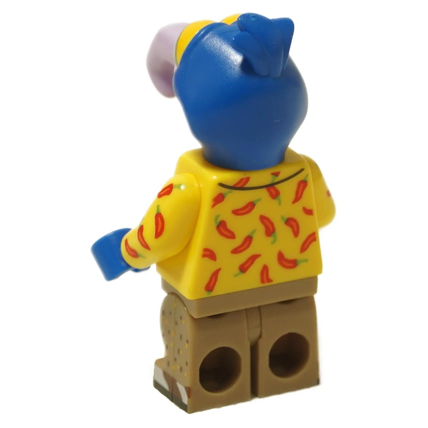 Back view Gonzo Muppets minifigure with blue head, yellow chili print shirt and brown pants
