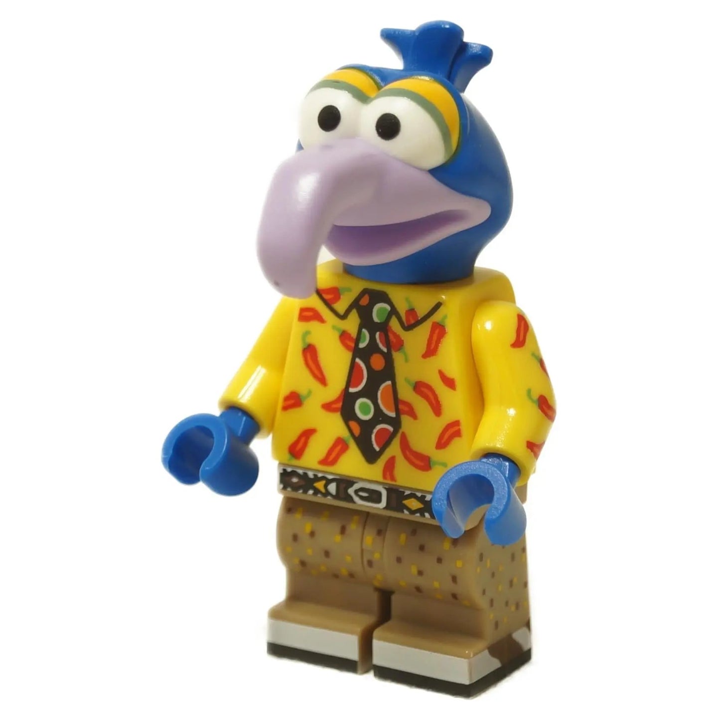 Gonzo Muppets minifigure with blue head, long purple nose, yellow chili shirt and brown pants
