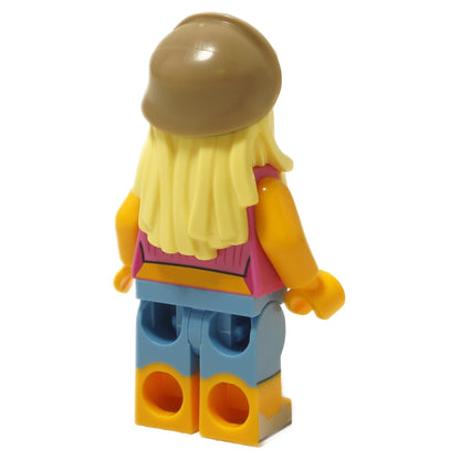 Back view Janice Muppets minifigure with long blonde hair, pink top and blue legs
