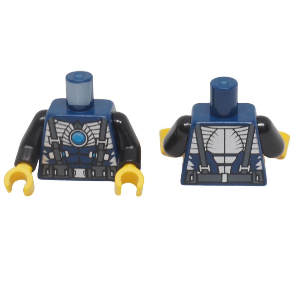 LEGO® muscled minifigure torso 973pb1370c01 with silver armour, blue Chi emblem and matching back print shown from front and back