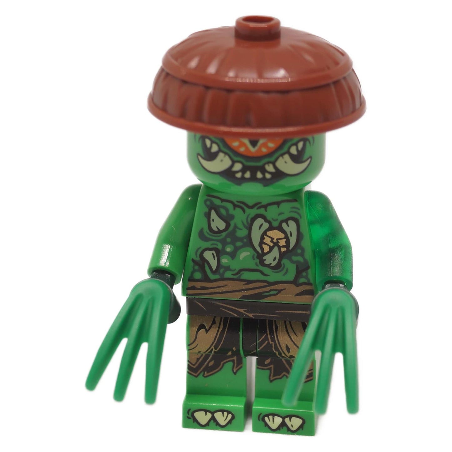 LEGO® NINJAGO Mutation Monster minifigure front view with green claw weapon and brown hat