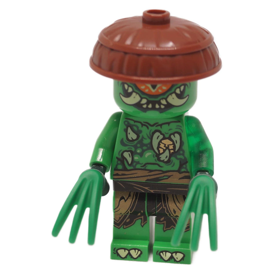 LEGO® Minifigura del Monstruo de Mutación NINJAGO vista frontal con arma de garra verde y sombrero marrón