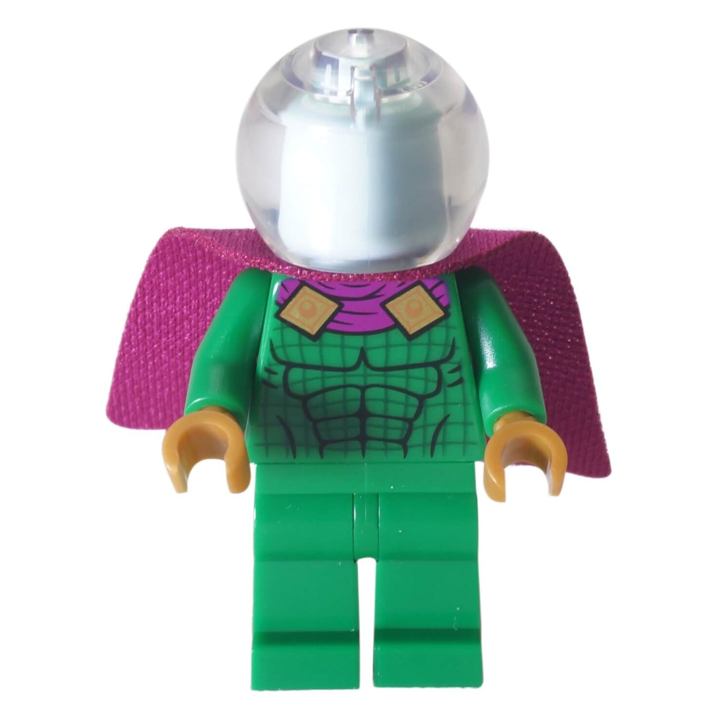 LEGO Mysterio minifigure sh0620 with green suit, magenta cape, and clear dome helmet from set 76149.