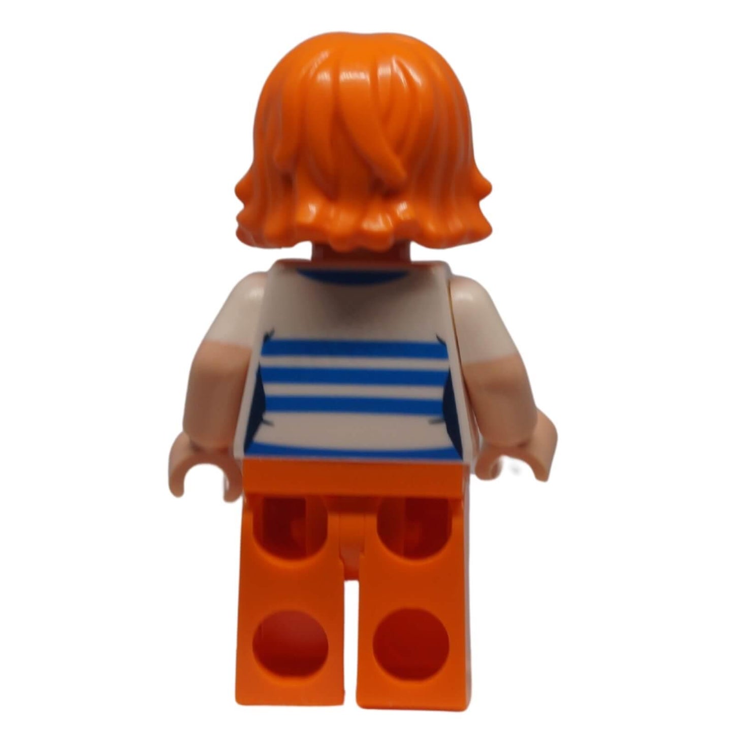 LEGO® Nami minifigure op005 with orange hair, white striped shirt, and orange skirt print back