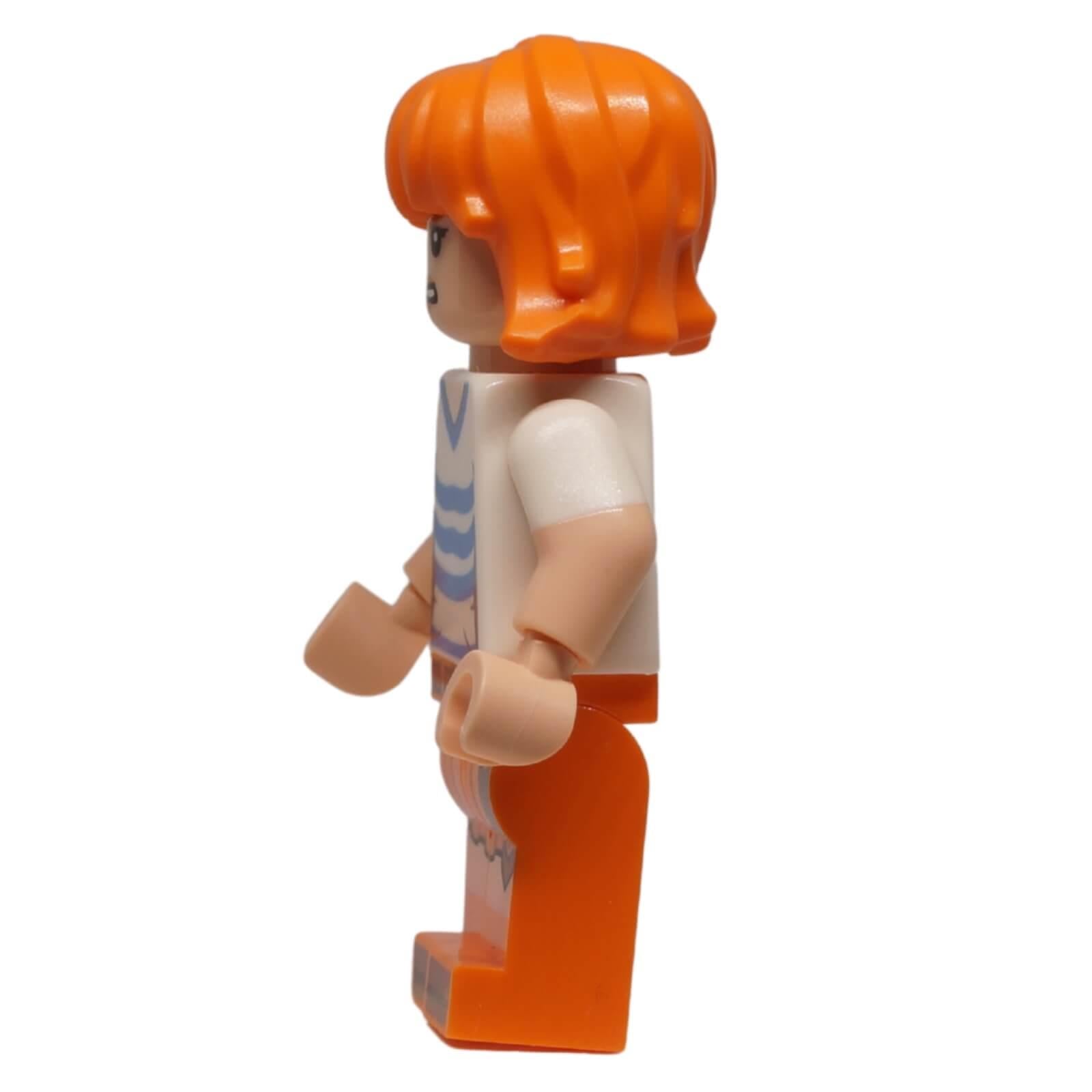 LEGO® Nami minifigure op005 with orange hair, white striped shirt, and orange skirt print, side