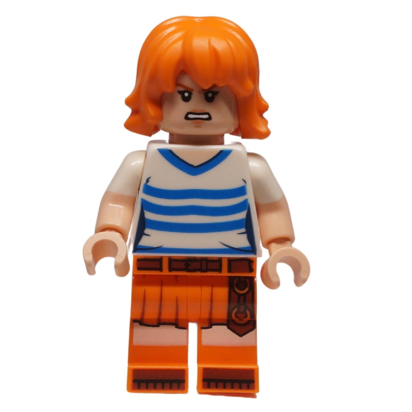 LEGO® Nami minifigure op005 with orange hair, white striped shirt, and orange skirt print