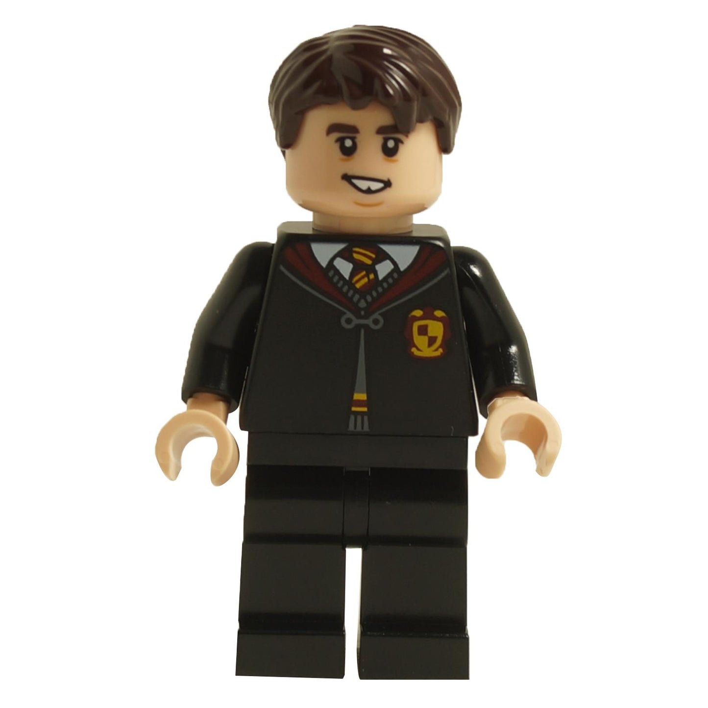 LEGO minifigure of Neville Longbottom wearing a black Gryffindor robe with the Gryffindor crest on the chest.