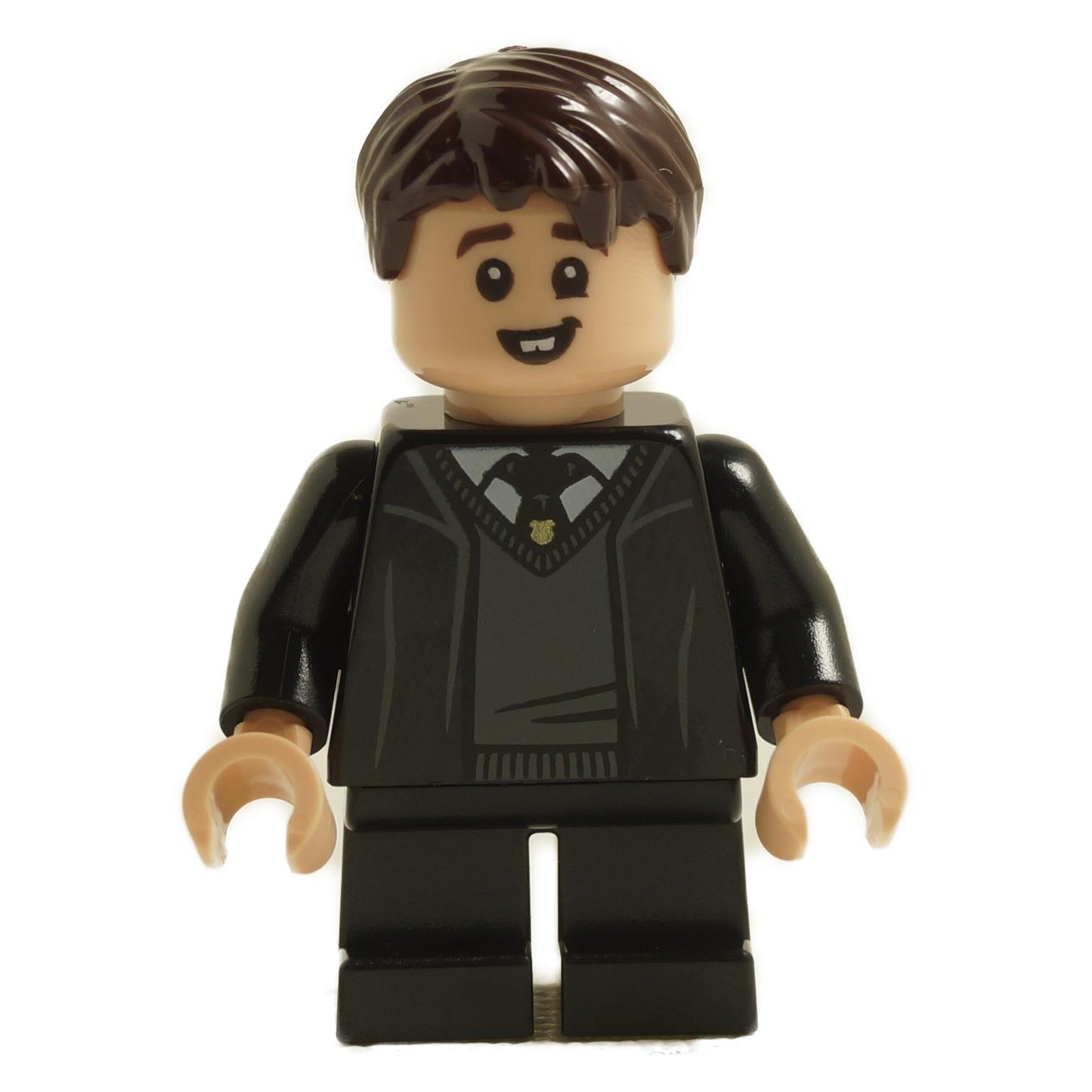 LEGO minifigure of Neville Longbottom wearing a black Hogwarts robe with the Gryffindor crest.