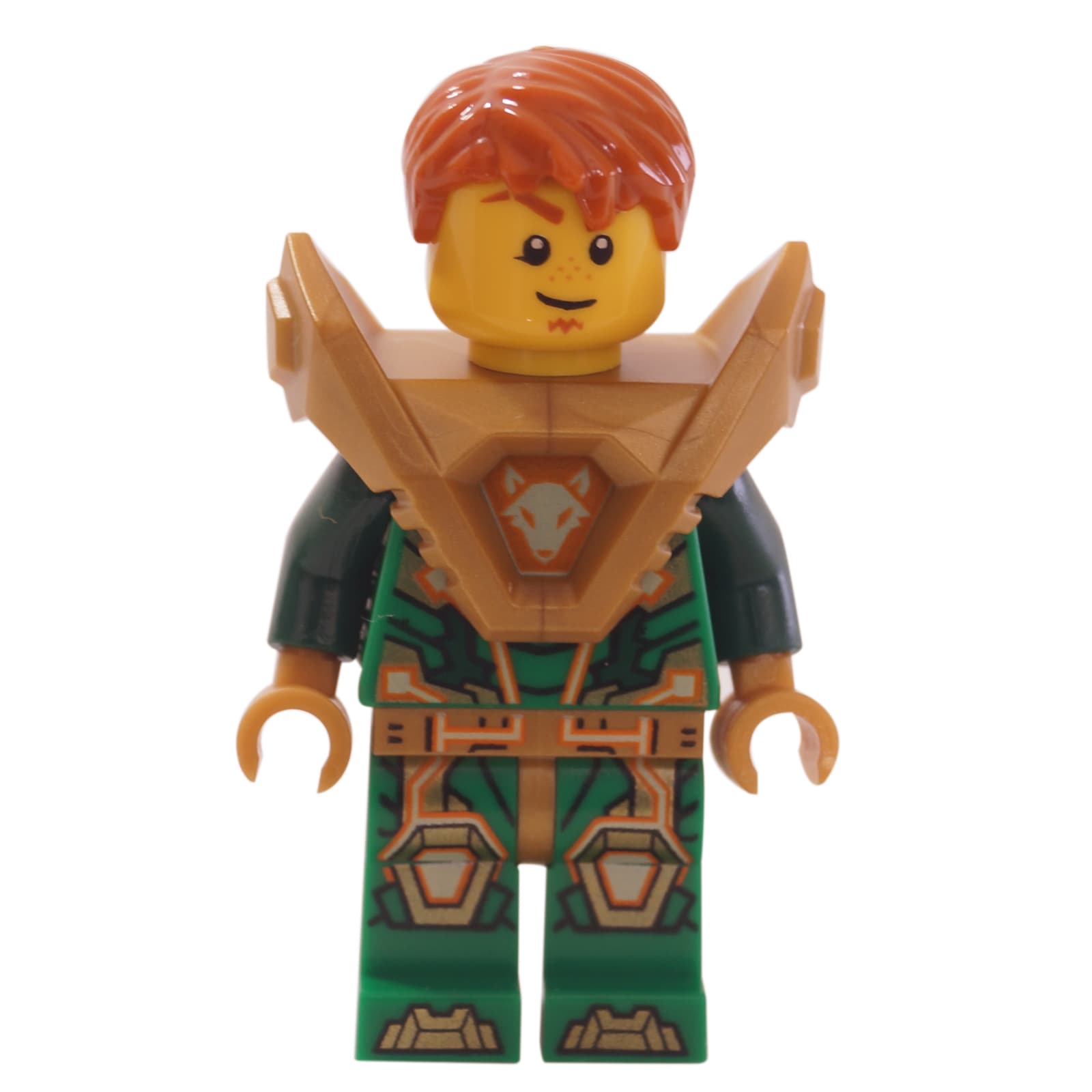 LEGO Aaron Fox minifigure, pearl gold armor, green suit, front view