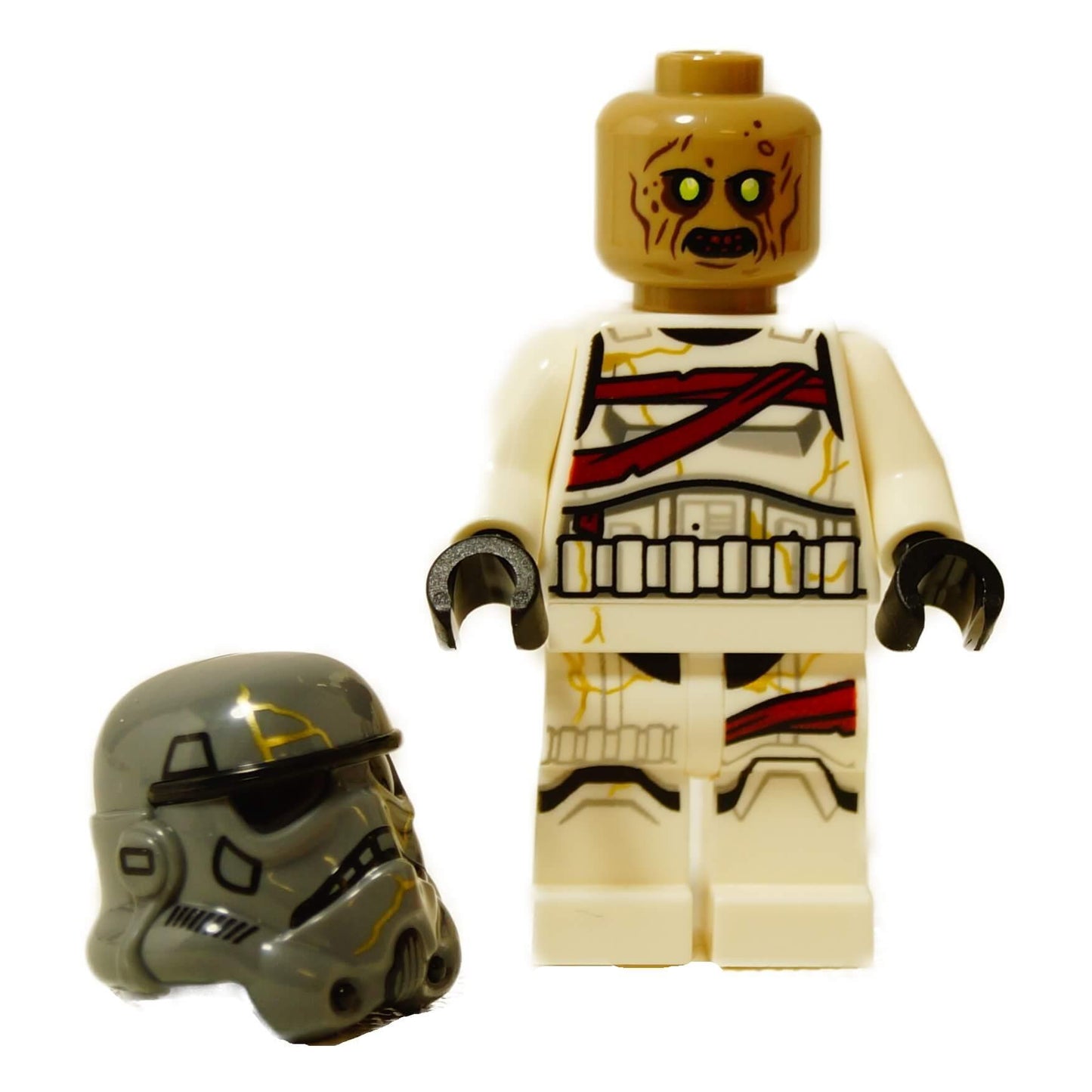 Minifigura de Night Trooper de la serie Ahsoka con el casco oscuro quitado, mostrando un rostro dañado y armadura blanca
