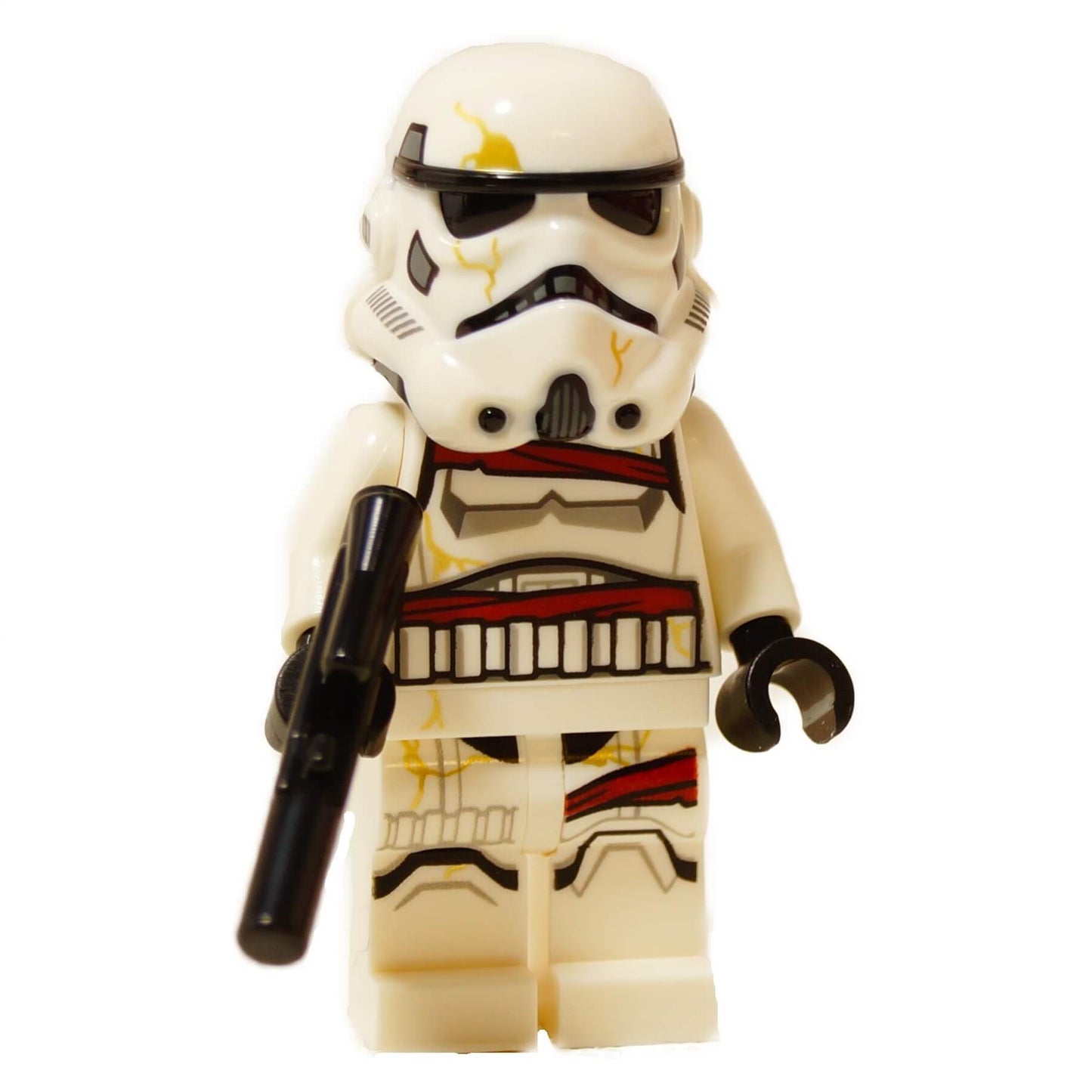 Minifigura de Night Trooper de la serie Ahsoka con casco y armadura blanca, sosteniendo un blaster negro

