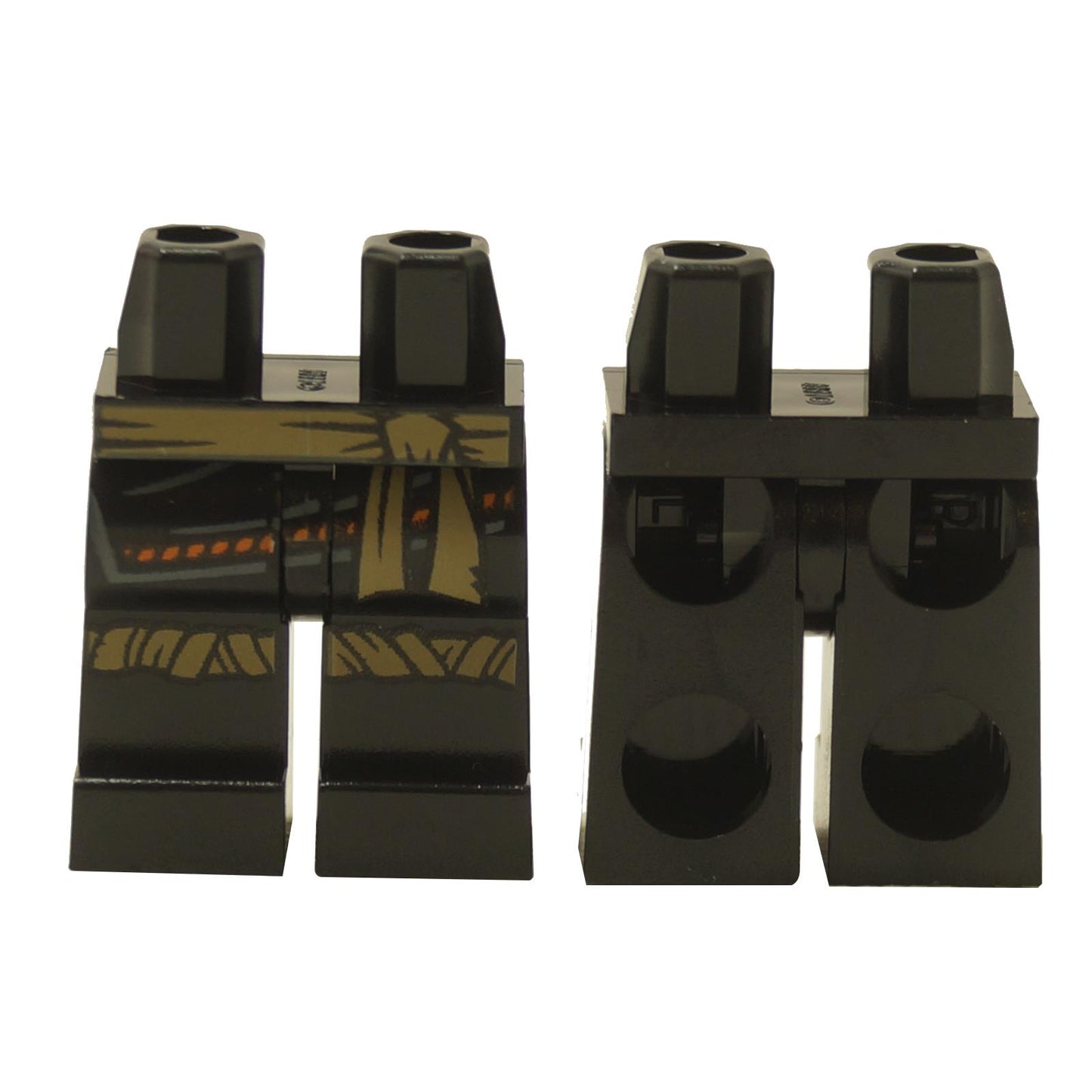 Front view of black LEGO minifigure legs (970c00pb1062) printed with dark tan sash and gold knee wrappings.