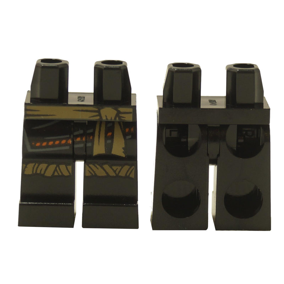 Front view of black LEGO minifigure legs (970c00pb1062) printed with dark tan sash and gold knee wrappings.