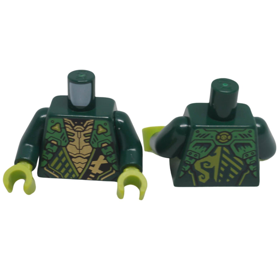 Front and back view of LEGO® NINJAGO® minifigure torso 973pb5962c01 with armoured tunic and Energy Dragon back print