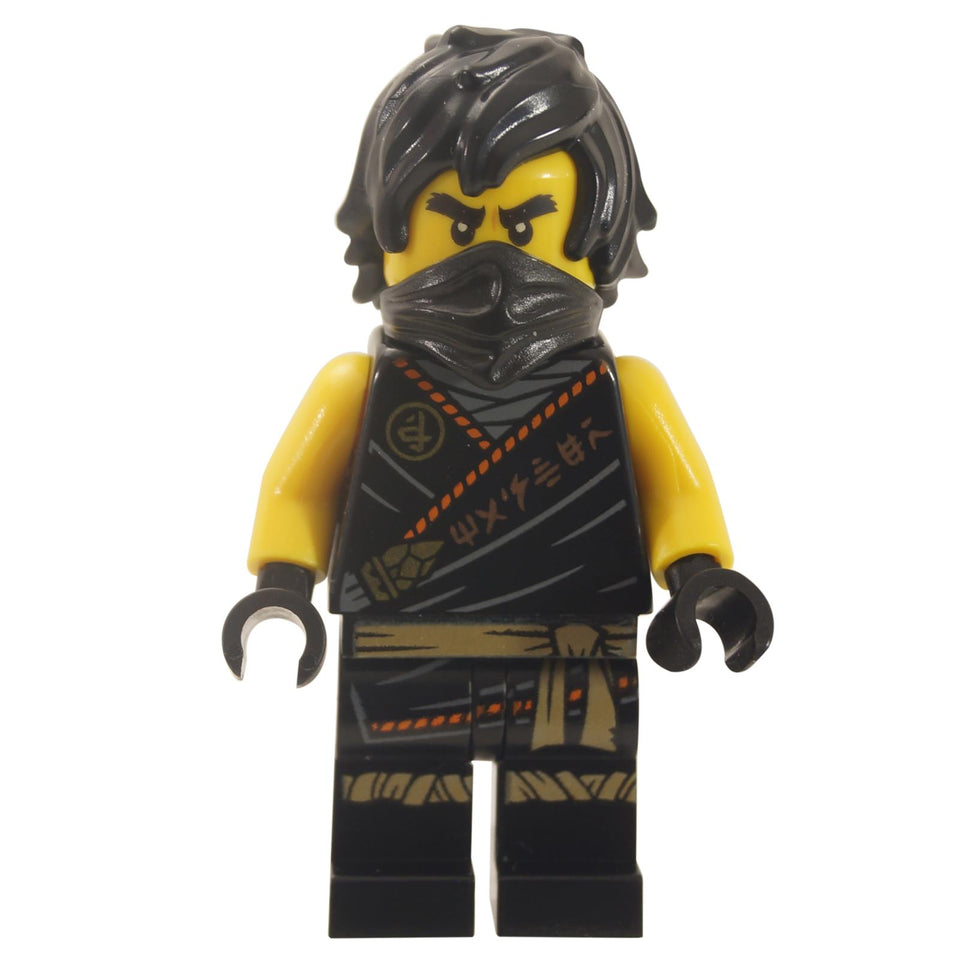 LEGO Ninjago Cole minifigure njo0575a in his black Legacy Rebooted gi, with his black hair and mask. Front view.