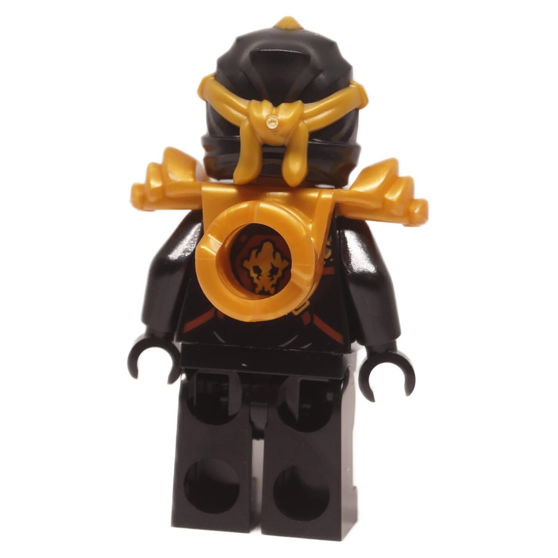 Cole ZX minifigure njo1004 back view showing gold back armor with emblem and black legs
