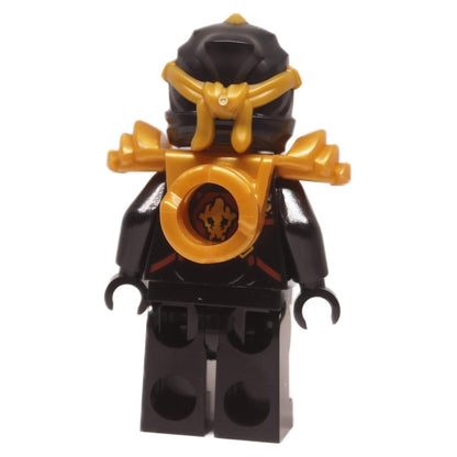 Cole ZX minifigure njo1004 back view showing gold back armor with emblem and black legs
