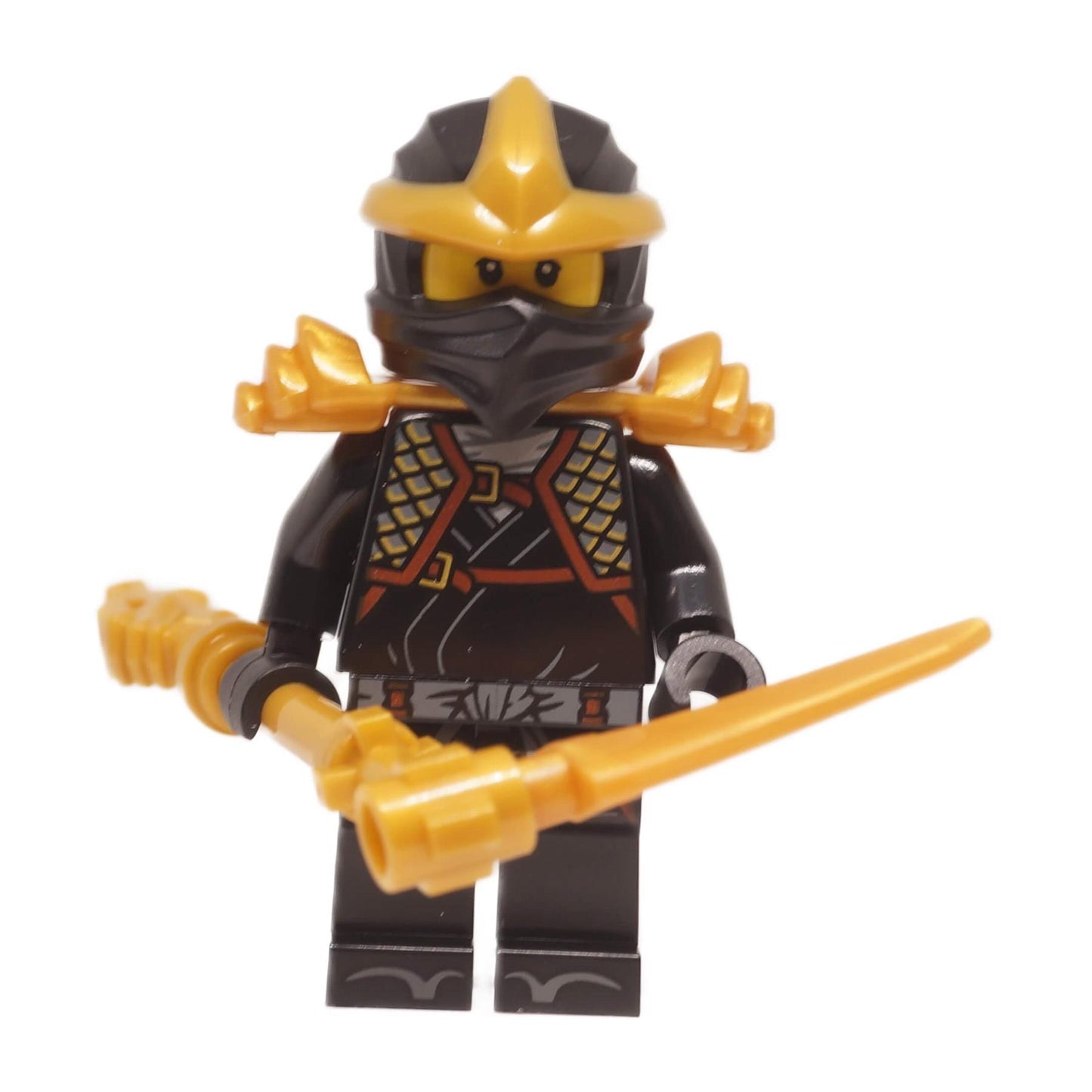 Cole ZX minifigure njo1004 in black ninja armor with gold helmet and shoulder armor, front view holding golden weapon
