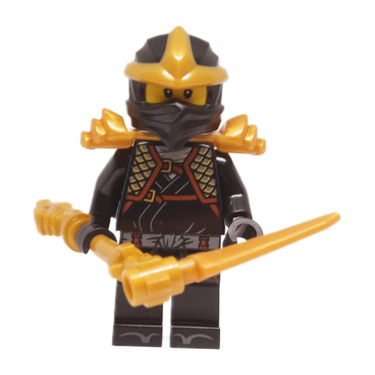 Cole ZX minifigure njo1004 in black ninja armor with gold helmet and shoulder armor, front view holding golden weapon
