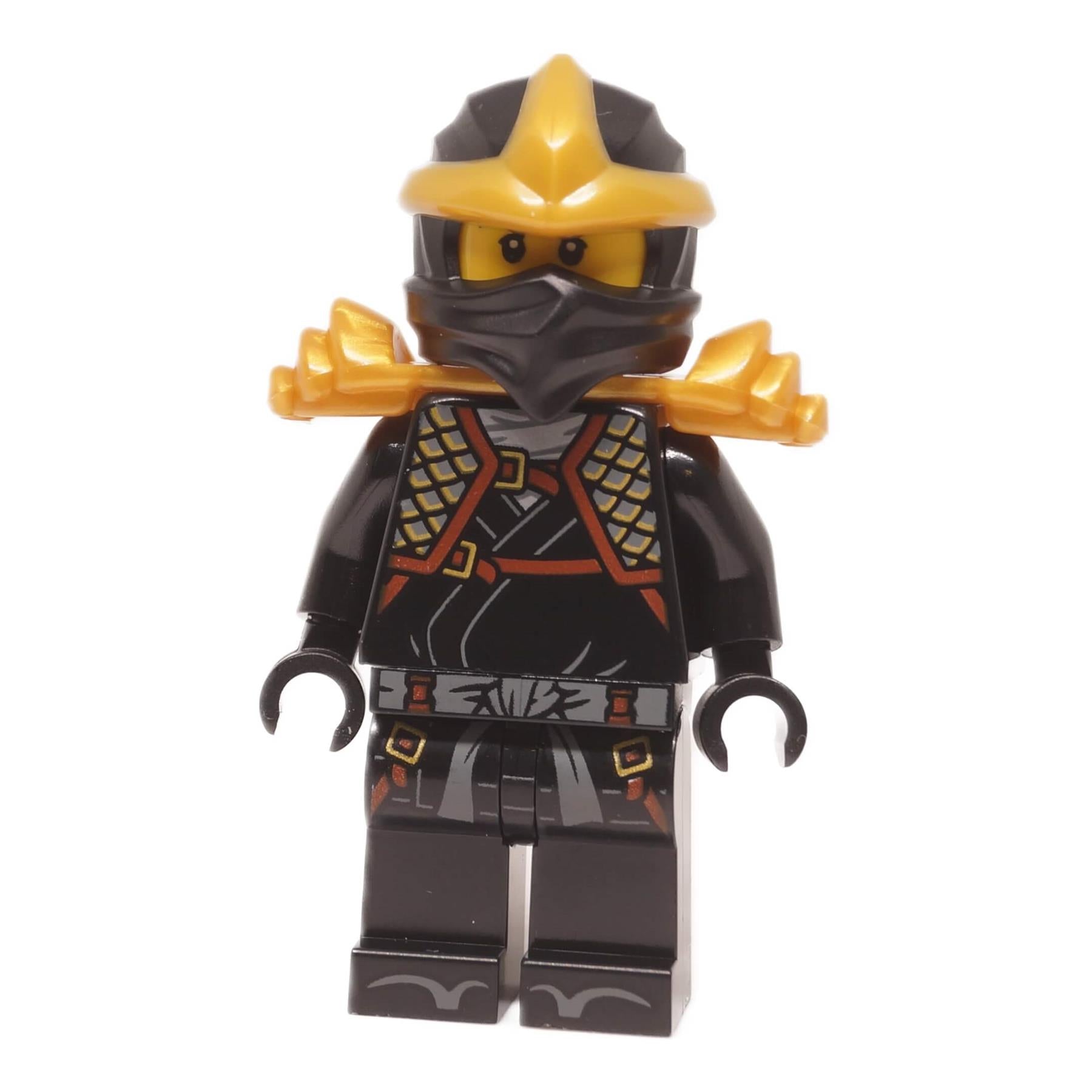 Cole ZX minifigure njo1004 front view showing black torso and leg printing with gold shoulder armor and helmet
