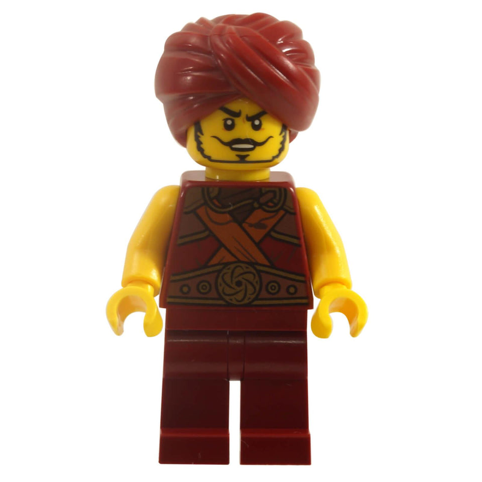 LEGO Ninjago Gravis minifigure njo0637 wearing a dark red turban and matching dark red robes. Front view.