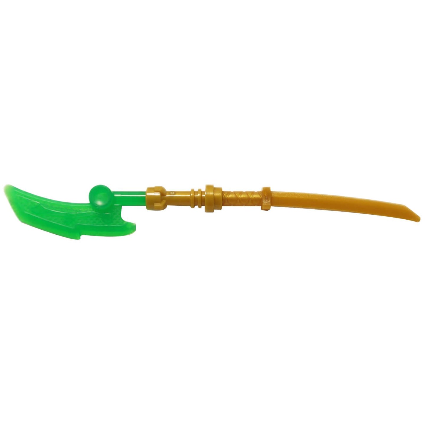 Senjata polearm LEGO Ninjago yang menampilkan Bilah Jade hijau lut sinar dan pegangan emas.