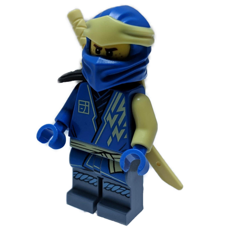 LEGO Ninjago Core Jay minifigure njo0722 in his blue gi with a golden headband and shoulder pad, holding a katana. Front view.