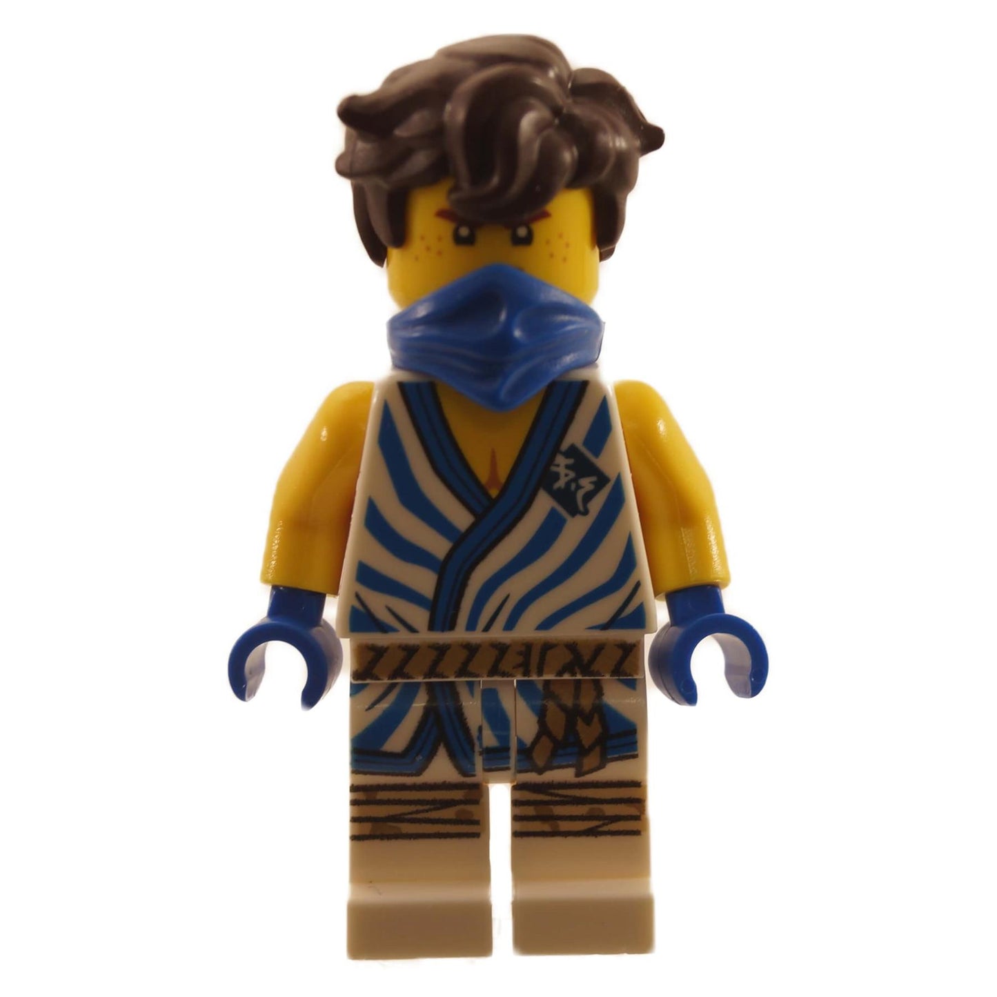 LEGO Ninjago Jay minifigure njo0648 in his white and blue striped Legacy tunic, with his dark brown hair and blue mask. Front view.