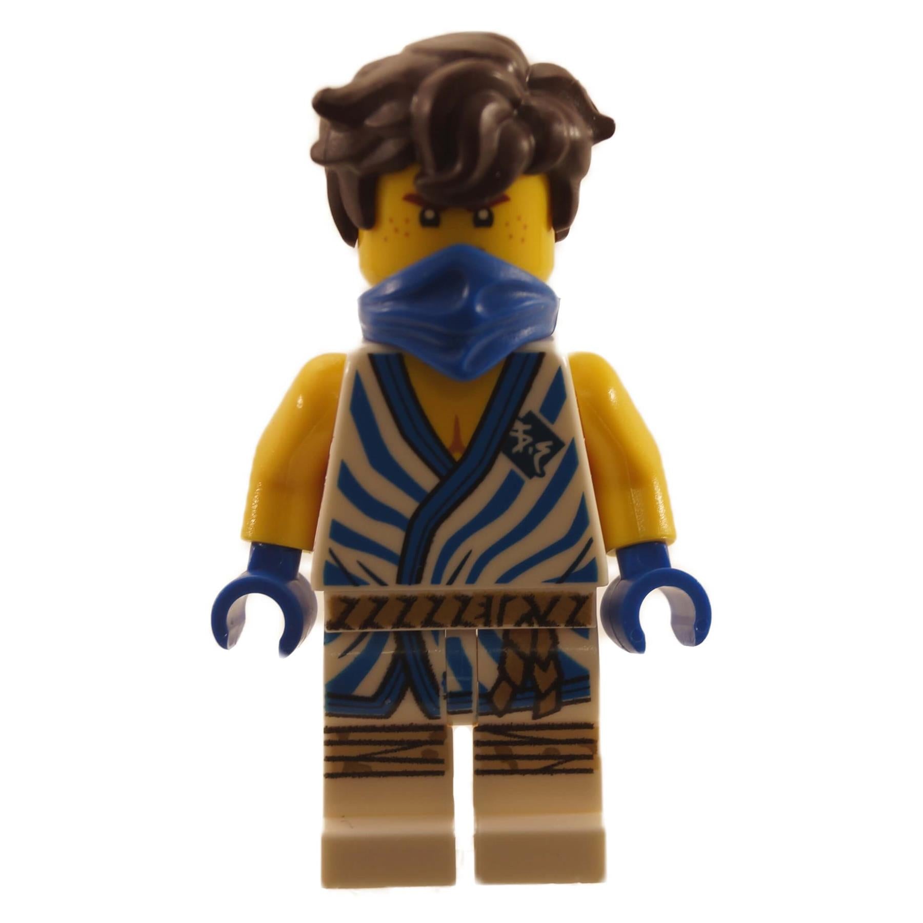 LEGO Ninjago Jay minifigure njo0648 in his white and blue striped Legacy tunic, with his dark brown hair and blue mask. Front view.