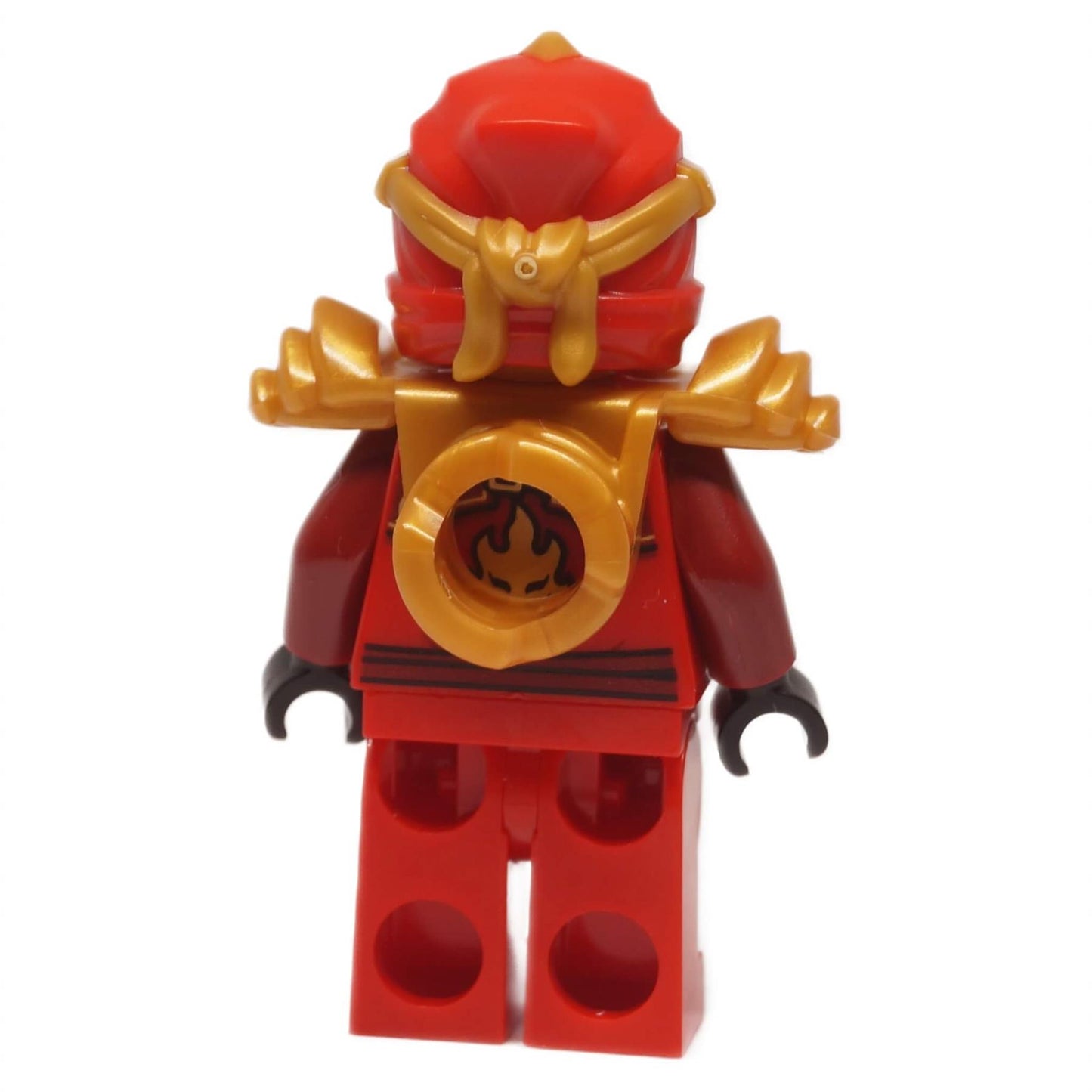 Kai ZX minifigure njo0997 back view showing gold back armor with flame emblem and red legs
