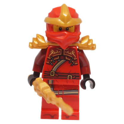 Kai ZX minifigure njo0997 in red ninja armor with gold helmet and shoulder armor, front view holding golden weapon
